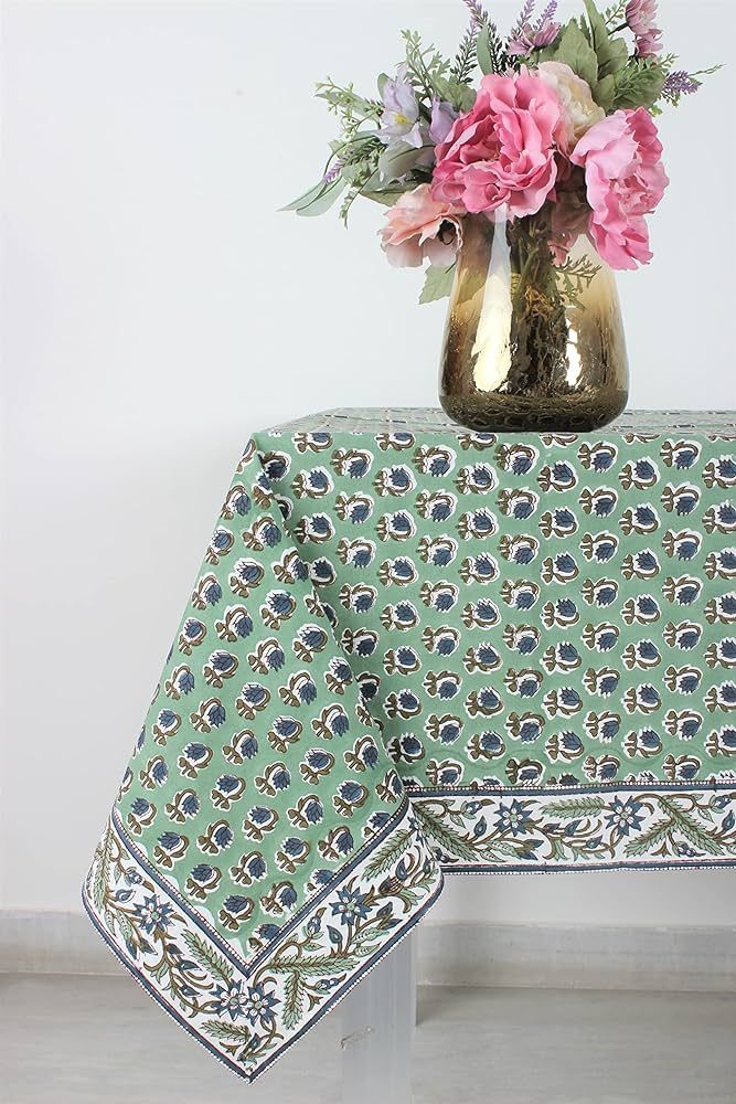 Ridhi Basil Green 70x108 Inches Rectangle 100% Cotton Hand Block Print Tablecloth Washable Hallow... | Amazon (US)