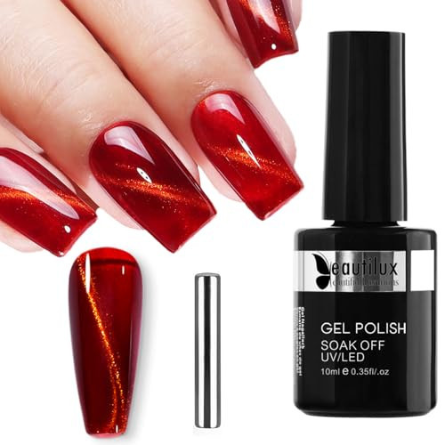 beautilux Red Cat Eye Gel Nail Polish, 1Pcs Red Gold Cat Eye Color Gel Polish with Magnet for Manicure Salon at Home (10ML) | Amazon (US)
