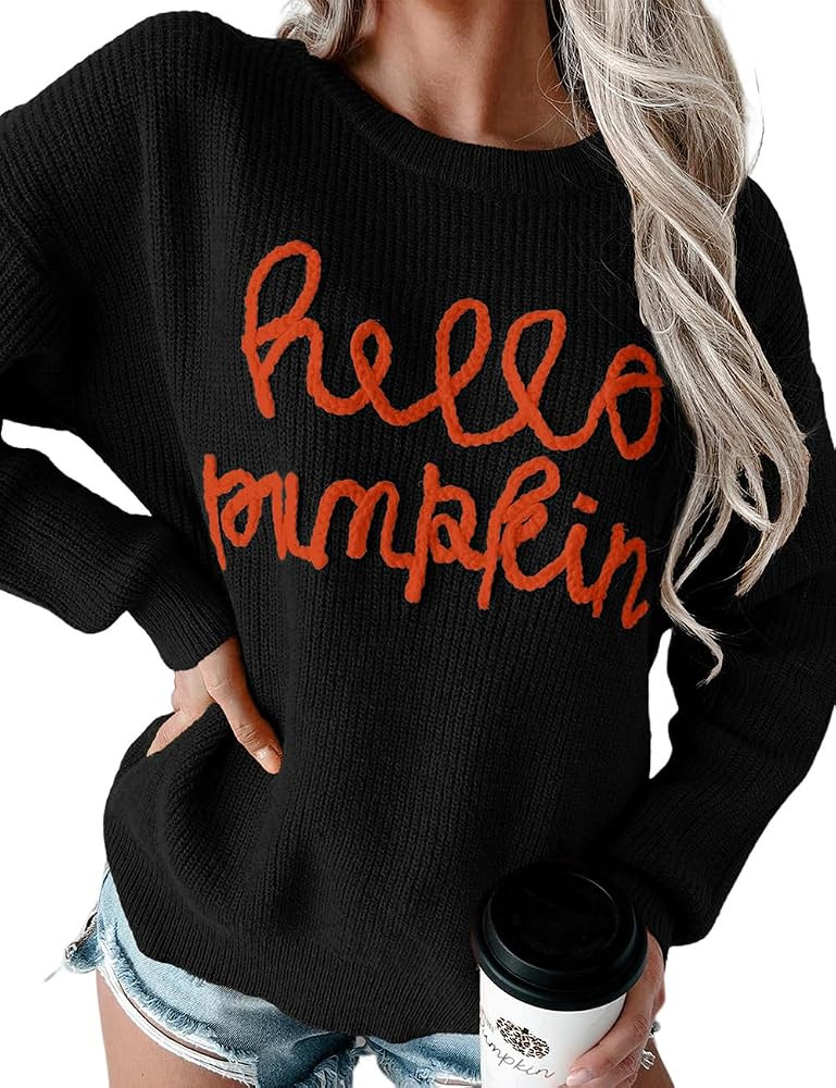 Ecosunny Womens Halloween Sweater Casual Crew Neck Hello Pumpkin Graphic Pullover Long Sleeve Loo... | Amazon (US)