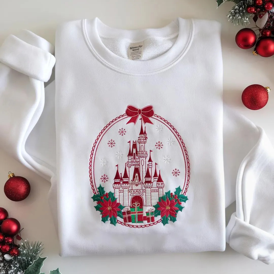 Coquette Bow Disney Castle Christmas Embroidered Sweatshirt, Magic Kingdom, Mickey's Very Merry C... | Etsy (US)