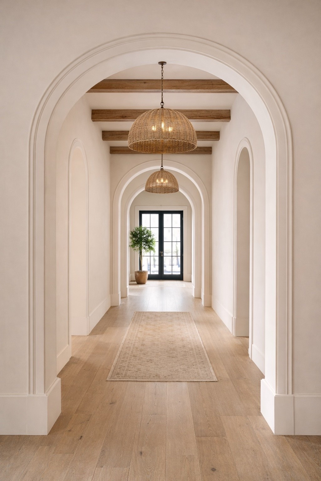 I love the look of this organic hallway! The arches, white oak flooring, and beams. Adding statement lighting such as wall sconces or these gorgeous pendants adds functionality and texture. 

#LTKHome