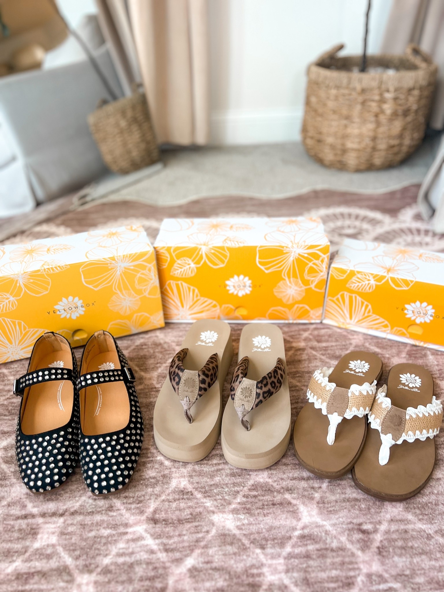 Leopard tan brown wedge sandals 
Scalloped white lace sandals
Black rhinestone flats 