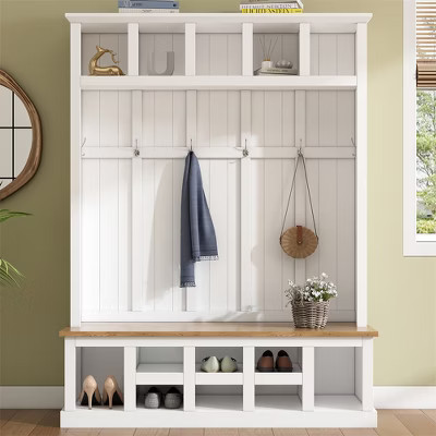 78" Hall Tree with Shoe Storage, Farmhouse Entryway Bench with 6 Hooks Coat Rack, 13 Open Compartments Shoe Storage White | Target