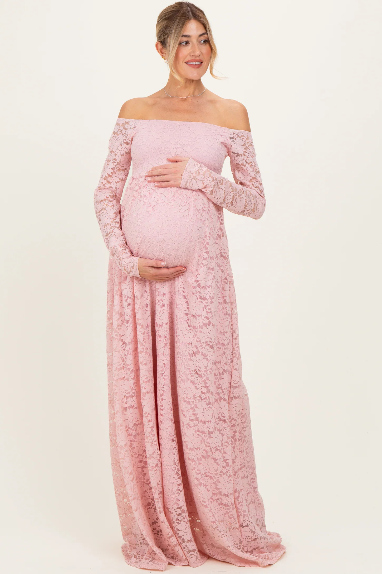 Light Pink Floral Lace Long Sleeve Off Shoulder Maternity Maxi Dress | PinkBlush Maternity