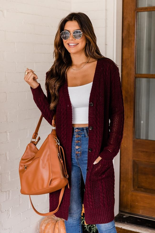 Chance To Change Wine Cable Knit Cardigan | Pink Lily