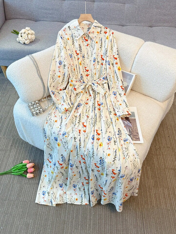 SHEIN Clasi Women's Casual Collar Neck Simple Blue Floral Print Dress Maxi Women Outfit | SHEIN