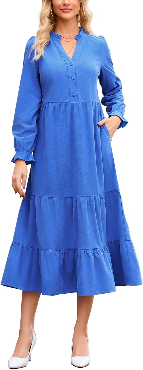 Women’s Corduroy Midi Dress Fall Winter Long Sleeve Ruffle V Neck Button Down Flowy Tiered Shir... | Amazon (US)