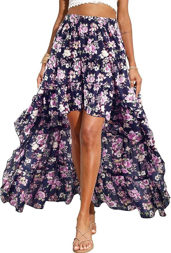 BTFBM Women Boho Floral Print Long Skirt Dress Chic High Low Side Split Ruffle Hem Elastic Waist ... | Amazon (US)