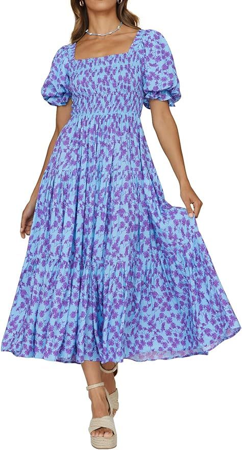 PRETTYGARDEN Womens Summer Puff Sleeve Floral Square Neck Smocked Boho Flowy A Line Long Dresses | Amazon (US)