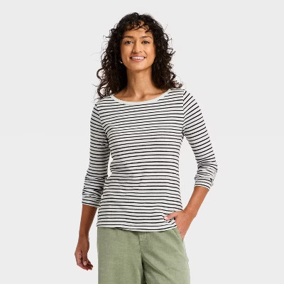 Women's Long Sleeve T-Shirt - Universal Thread™ Cream Striped XS | Target