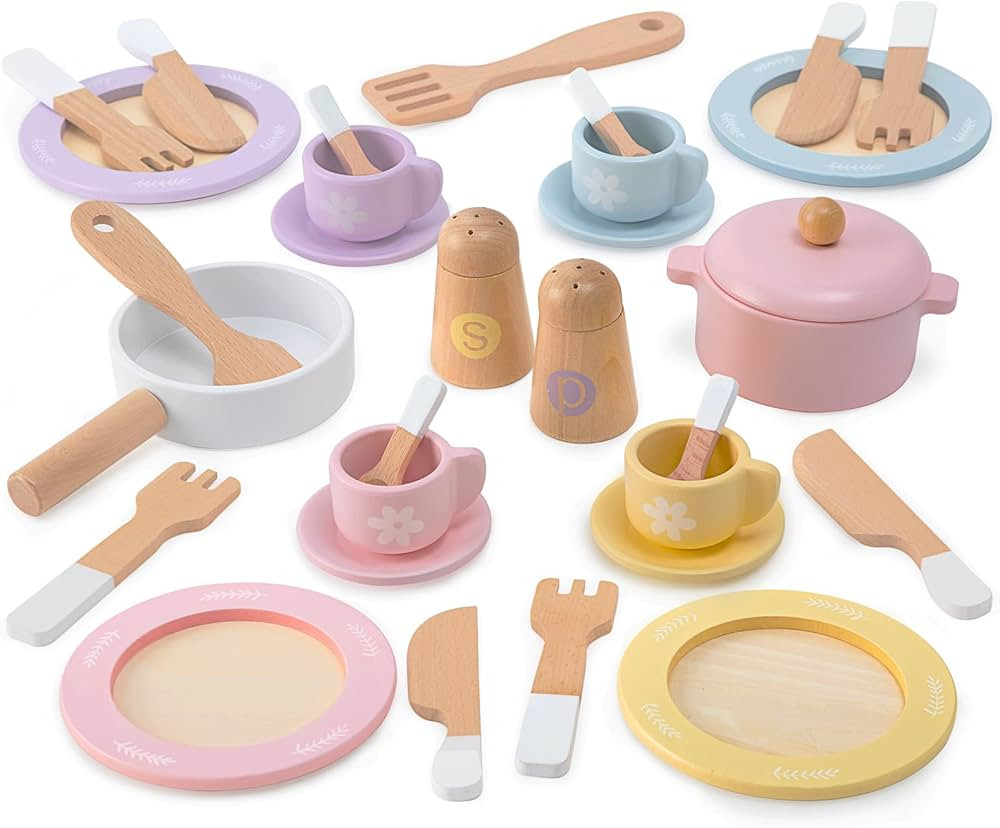 30 PCS Wooden Toy Plates and Dishes for Kids, Play Kitchen Accessories Set, Pretend Play Food Set... | Amazon (US)