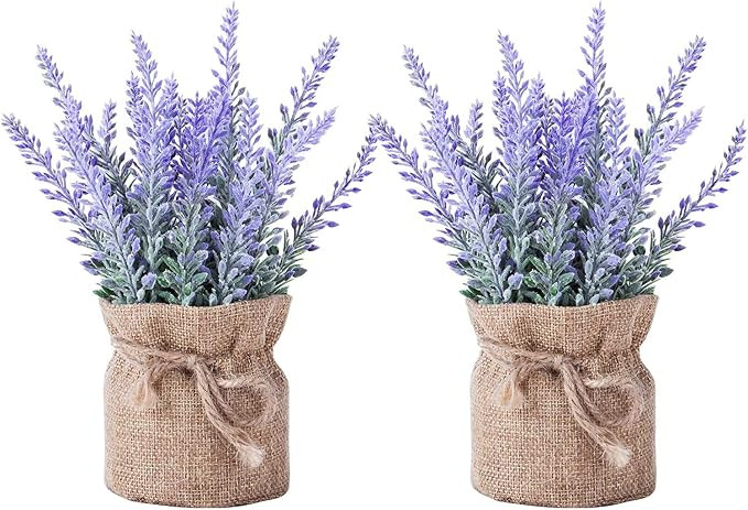 2 Pack Small Burlap Potted Lavender Flowers - Artificial Plants and Flocked Charming Purple for W... | Amazon (US)