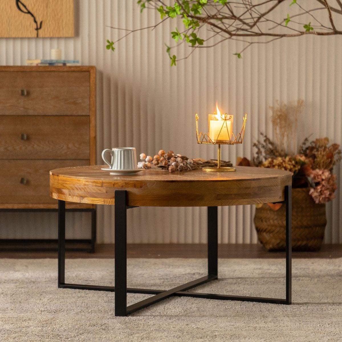 33.86" Modern Retro Splicing Round Coffee Table,Fir Wood Table Top with Cross Legs Base - ModernL... | Target