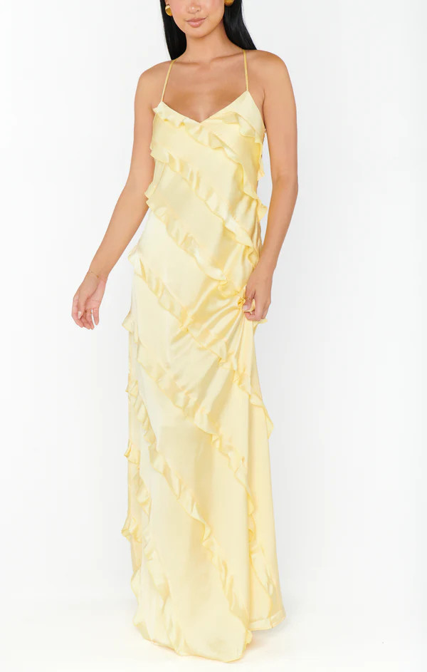 Romance Ruffle Dress ~ Pale Yellow Luxe Satin | Show Me Your Mumu