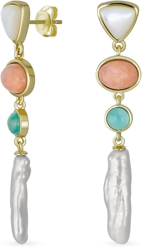 Multicolor Pink Green Gemstone & White Freshwater Cultured Baroque Pearl Elongated Dangle Earring... | Amazon (US)