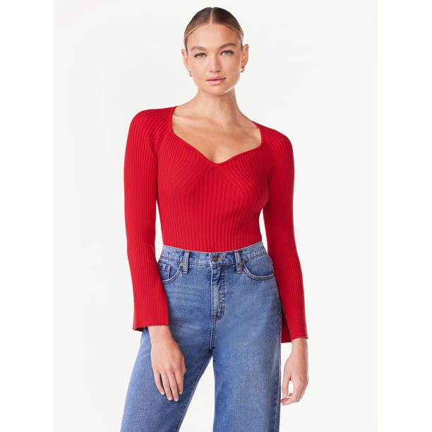 Scoop Women's Ribbed Bodysuit with Sweetheart Neck and Long Sleeves, Sizes XS-XXL | Walmart (US)
