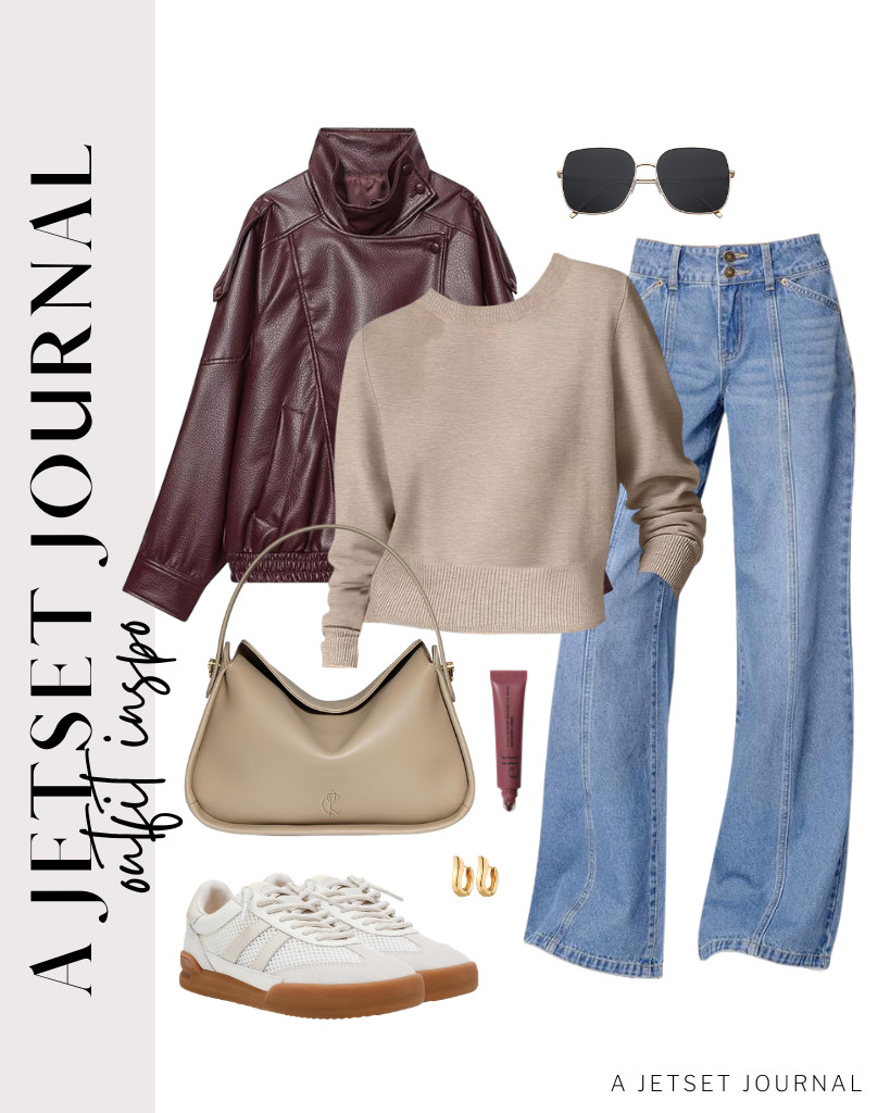 This burgundy leather jacket complements a tan-colored sweatshirt and jeans outfit. You can accessorize with gold huggie hoop earrings and trendy metal-frame sunnies from SOJOS for a more classy look. 

 #LTKstorytime #LTKSaleAlert #LTKTravel