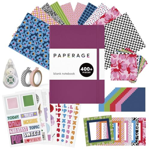 PAPERAGE Junk Journal & Scrapbook Kit, Hardcover Blank Journal Notebook, 20 Patterned Papers, 8 Sticker Sheets, 20 Die-Cut Shapes, 2 Washi Tapes & Tape Roller, Creative Journaling Supplies - Raspberry | Amazon (US)