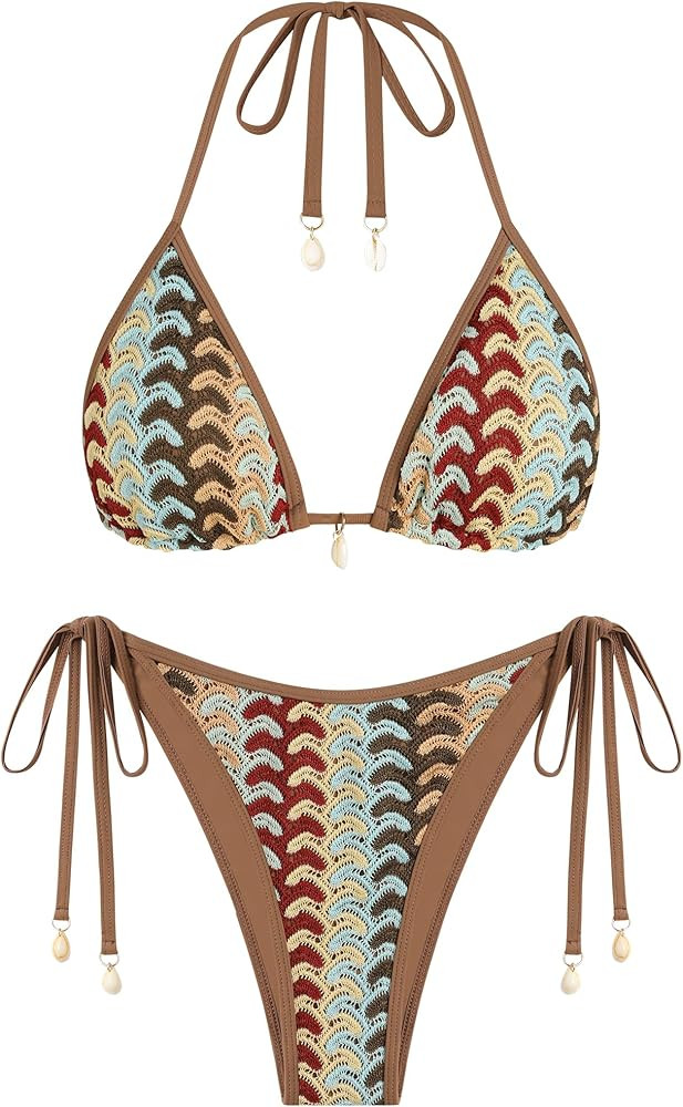 ZAFUL Women's Colorblock Stripes Triangle Halter Tied Cheeky Thong Bikini Set High Cut Two Piece ... | Amazon (US)