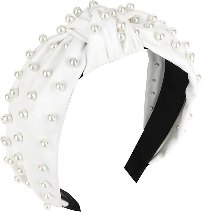 YISSION 1PC Pearl Knotted Headband for Women Non Slip Beaded Headband Wide Leather Headbands for ... | Amazon (US)
