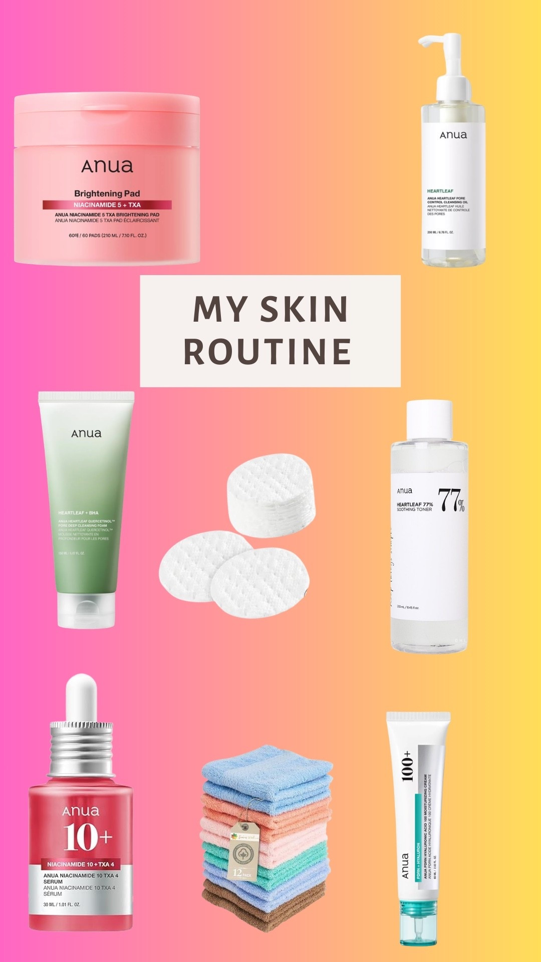 My current glass skin routine ✨

I’ve been loving these Anua skincare products lately. They’re gentle, soothing, and perfect for keeping my skin calm, hydrated, and bright.

💗 Heartleaf Pore Control Cleansing Oil  
💗 Heartleaf BHA Cleansing Foam  
💗 Heartleaf 77% Soothing Toner  
💗 Niacinamide + TXA Brightening Pads  
💗 Niacinamide 10% + TXA 4% Serum  
💗 Heartleaf Pore Control Ampoule  

This combo has been amazing for reducing redness, smoothing texture, and giving that healthy glow. The niacinamide + TXA products especially help brighten and even out my skin tone.

I also use soft reusable facial cloths and cotton pads to keep everything gentle on my skin.

All products are linked in my LTK if you want to try them 🤍

#LTKbeauty #kbeauty #anuaskincare #skincareroutine #glassskin #skincarefavorites

#LTKBeauty #LTKselfcare #LTKmorningroutine