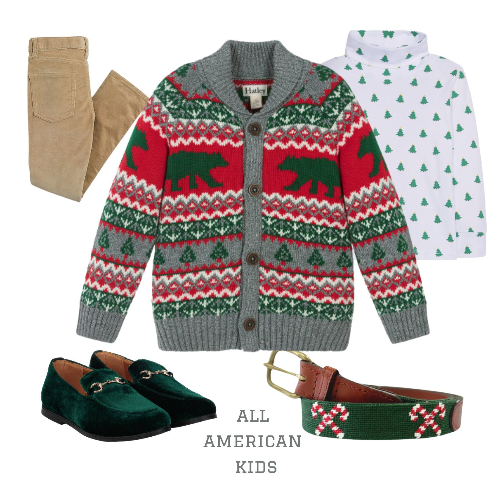 Classic Holiday Style for Little Gentlemen 🎄✨ Perfect for The Nutcracker or festive gatherings, this timeless outfit includes a cozy holiday sweater, classic cords, and a turtleneck with Christmas trees for a touch of holiday cheer. Complete the look with a charming needlepoint belt, stylish shoes, and green velvet loafers for an extra dash of holiday elegance. Ideal for Christmas parties, family photos, or holiday outings. Dress him up in holiday charm from head to toe! #AllAmericanKids #HolidayOutfit #BoysFashion #ChristmasStyle #FestiveLooks #NutcrackerReady #ClassicHoliday #KidsStyle 

  

#LTKKids #LTKHoliday #LTKCyberWeek #LTKHoliday #LTKKids