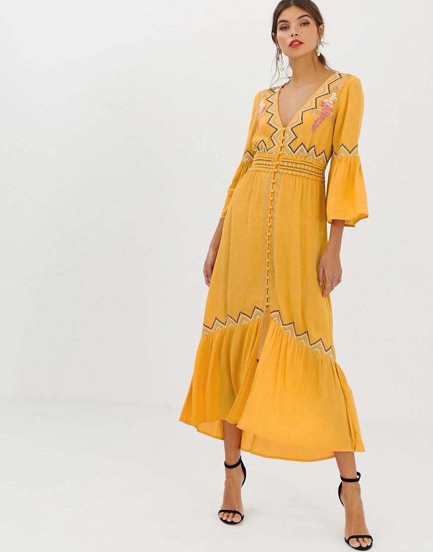 ASOS DESIGN lace insert maxi dress with embroidery-Yellow | ASOS (Global)