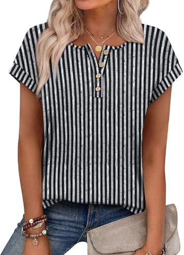 OFEEFAN Womens Tops Henley Shirts Short Sleeve Business Work Blouses Dressy Casual Summer Tops Sp... | Amazon (US)
