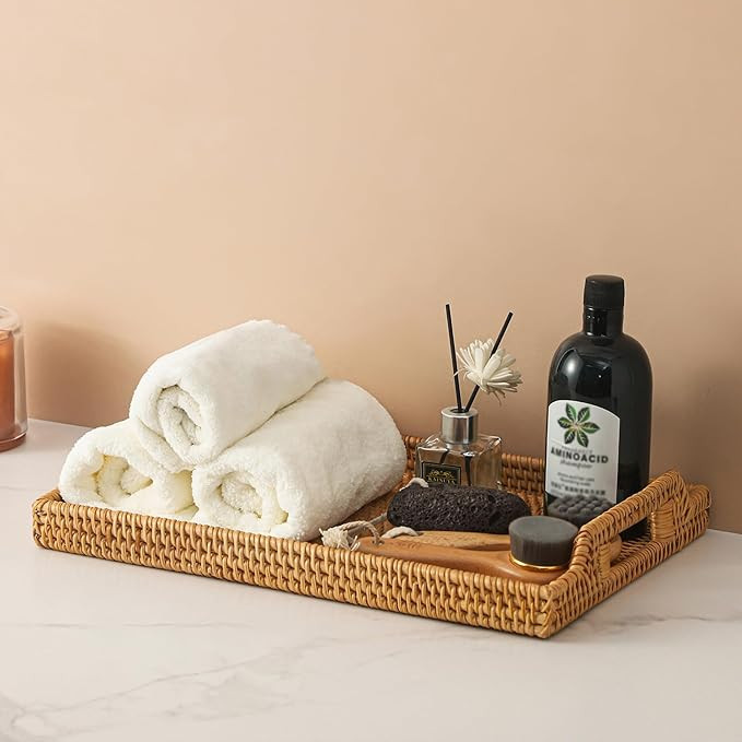 14.5'' Rattan Serving Tray Rectangle with Handles, Vintage Wicker Tray for Decor, Boho Seagrass C... | Amazon (US)