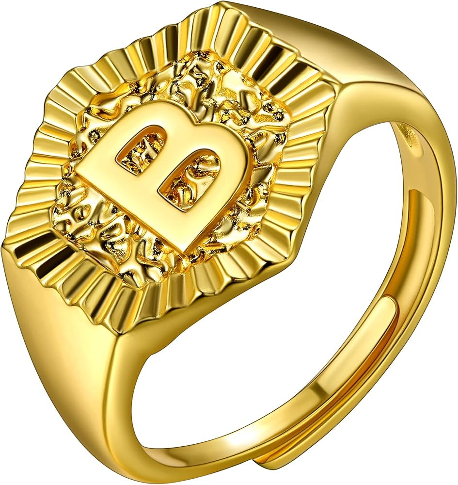 U7 Initial Ring Wedding Band for Men Women 18K Gold Plated Statement Hexagon A-Z Letter Jewelry P... | Amazon (US)