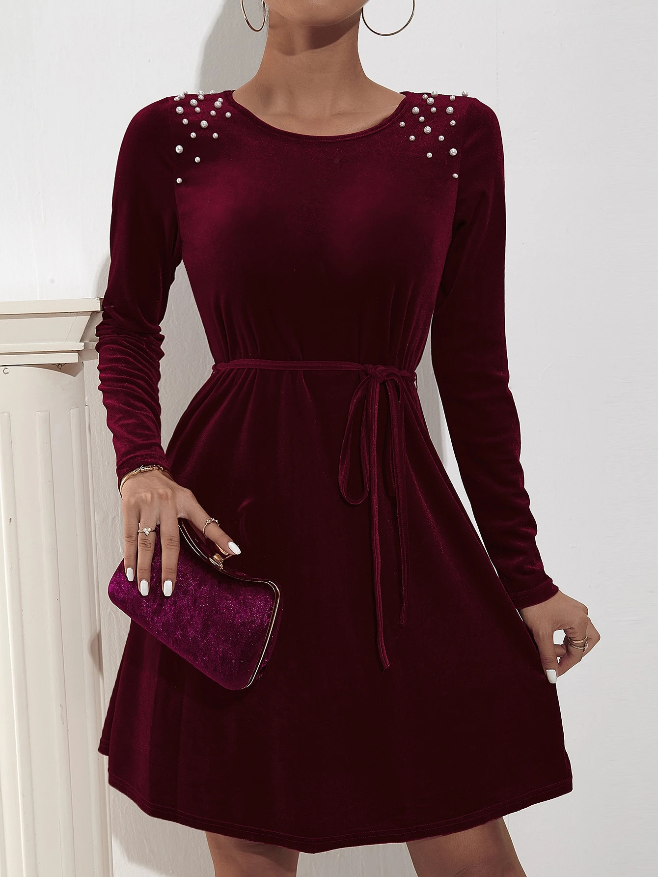 Pearls Beaded Belted Velvet Dress | SHEIN
