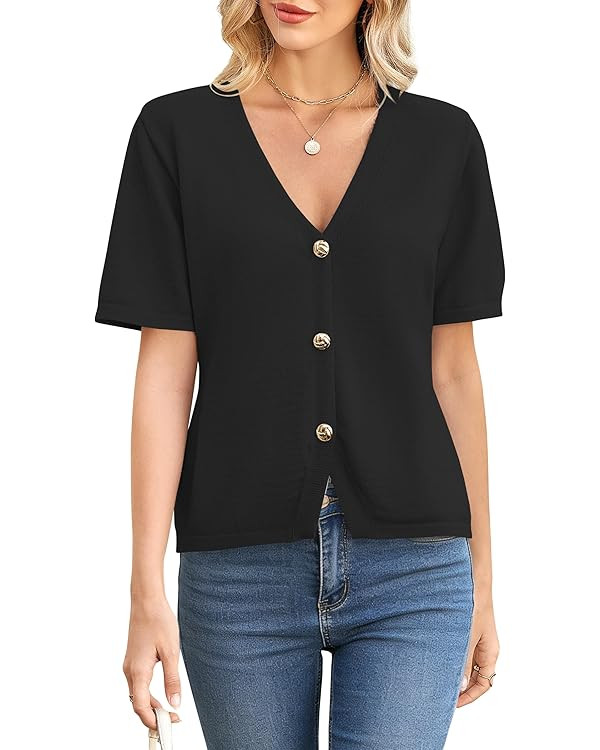 Women Short Sleeve Cardigan Gold Button Down Sweater V Neck Cardigans Summer Knit Office Top | Amazon (US)