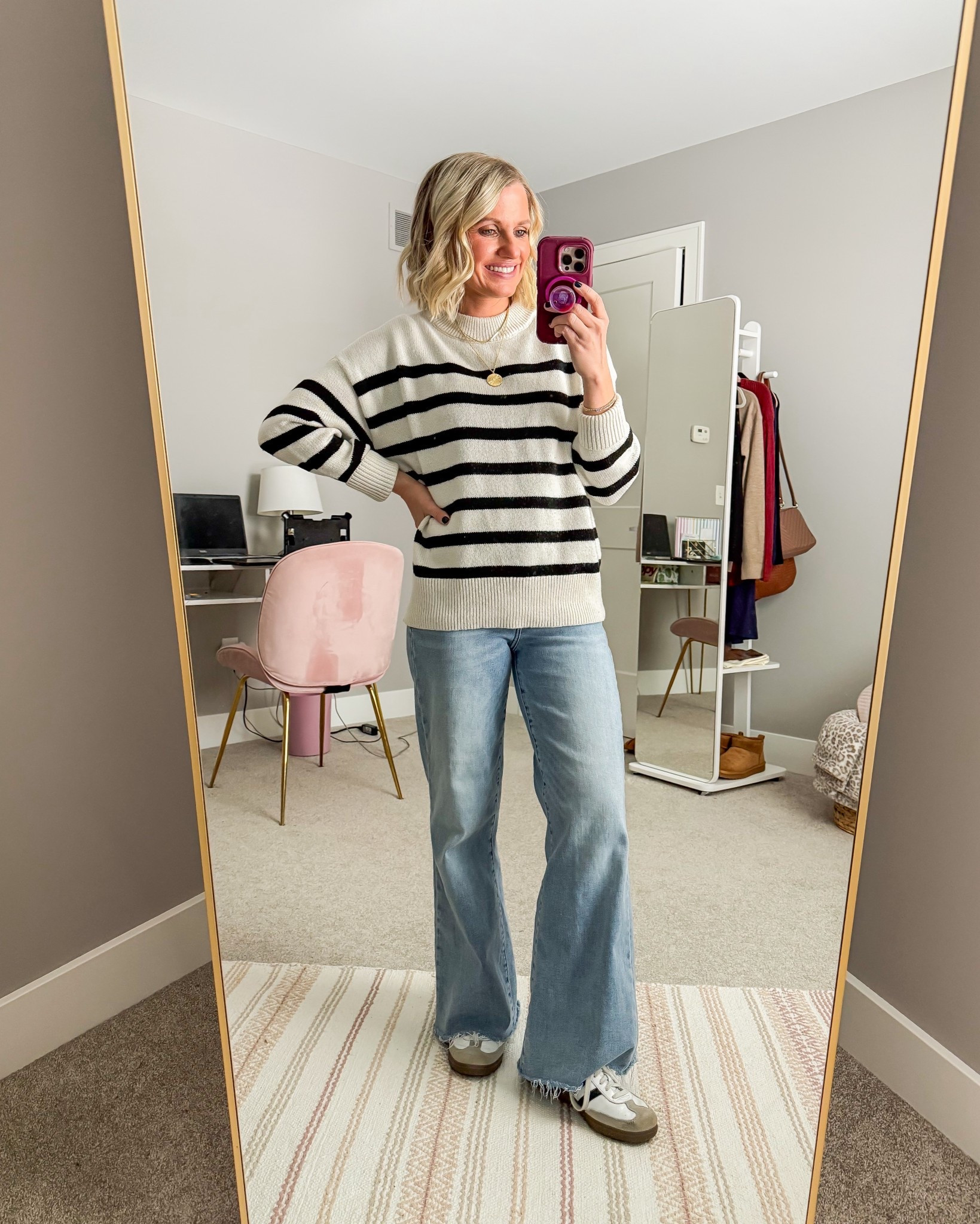 What I wore this week! Winter outfit with a striped sweater and wide-leg jeans. 
Jeans- 25 ( code: katie15)
Sweater- small

#LTKPetite #LTKOver40 #LTKootd