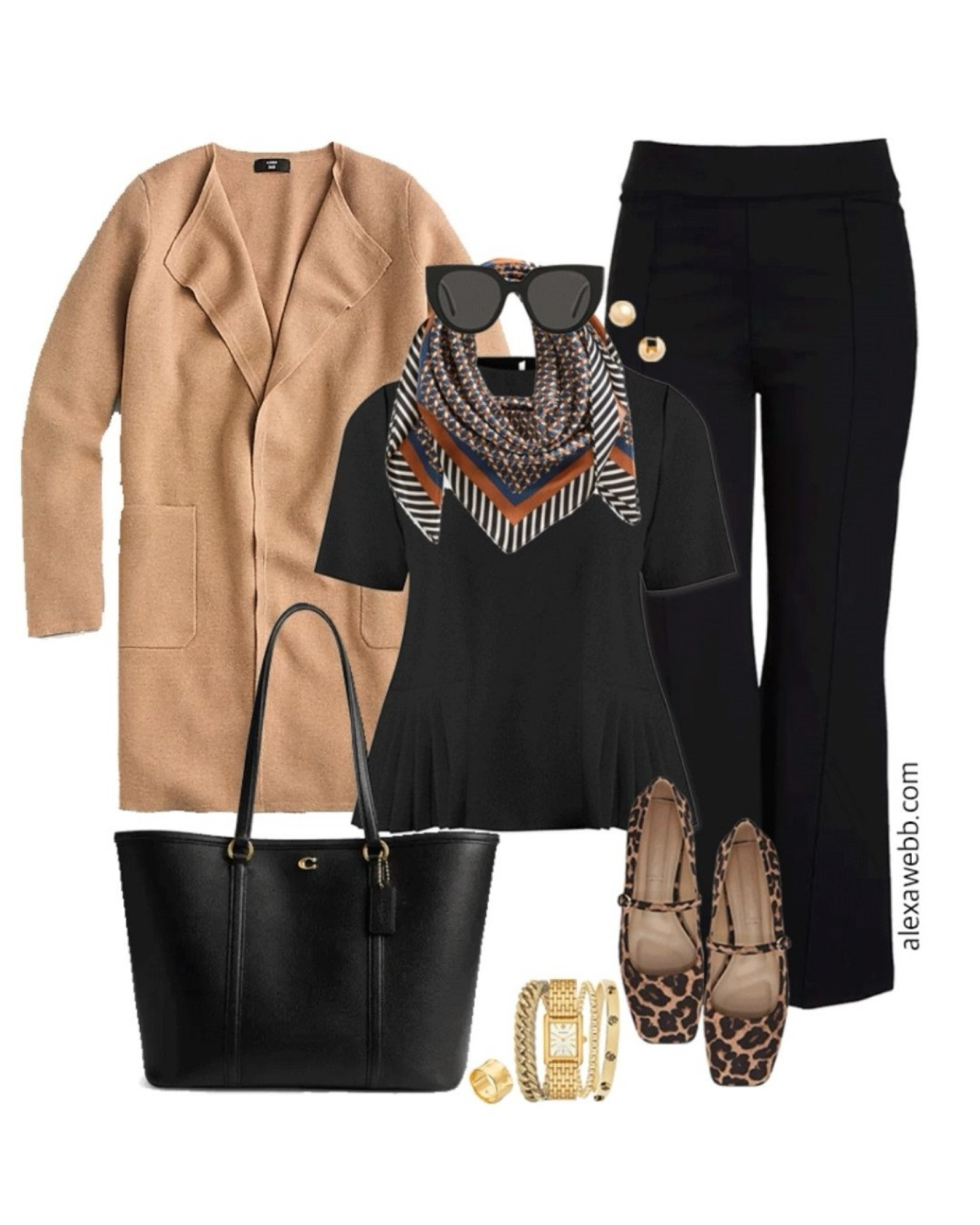 Plus size fall business casual work capsule wardrobe with cardigan blazer, scarf, black blouse, flare pants and leopard Mary Jane flats. Alexa Webb 

#LTKStyleTip #LTKWorkwear #LTKPlusSize