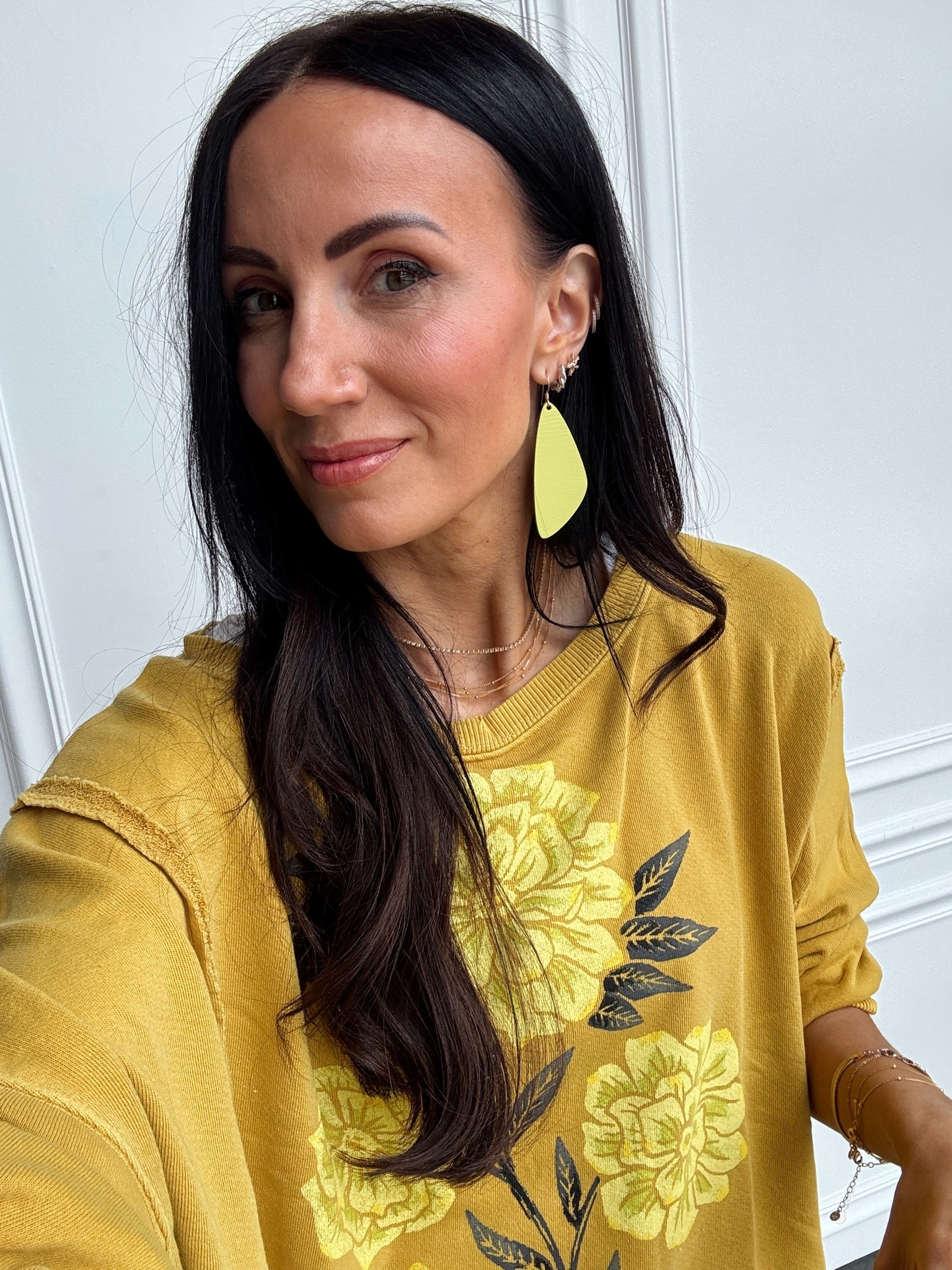 Bright yellow earrings are for sure bright- but they go with this muted yellow so well! On sale all month