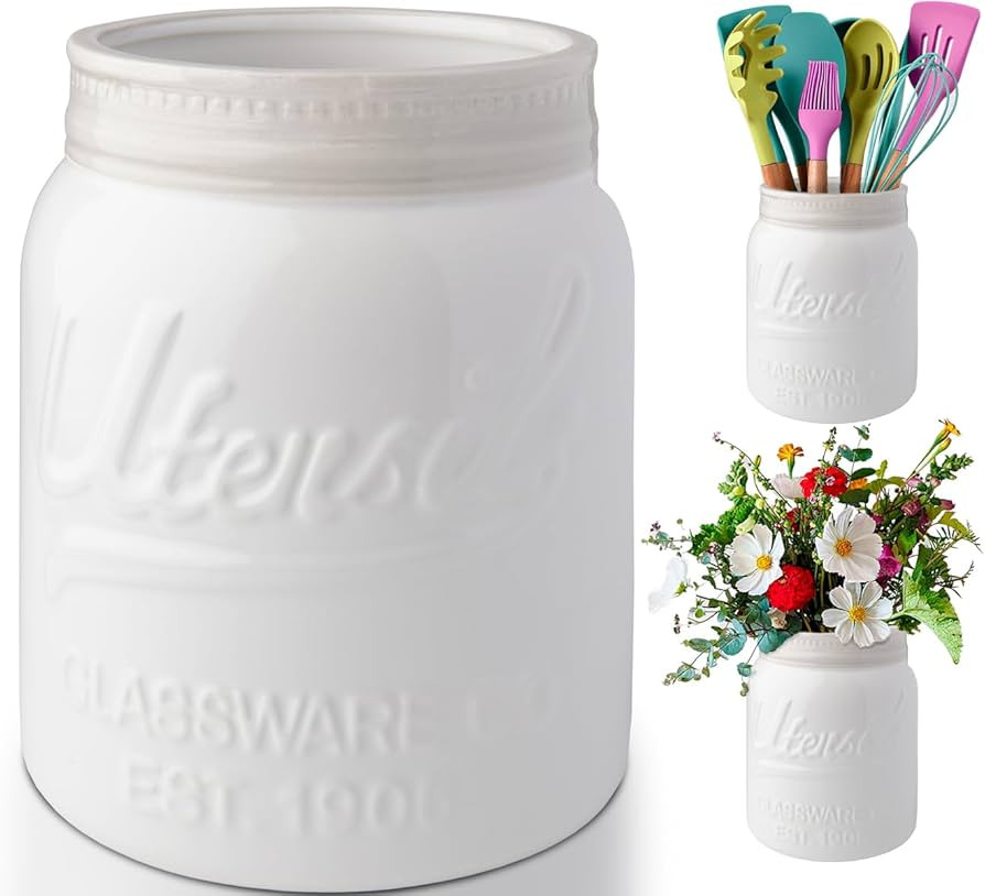 Comfify Wide Mouth Mason Jar Utensil Holder Decorative Kitchenware Organizer Crock, Chip Resistan... | Amazon (US)