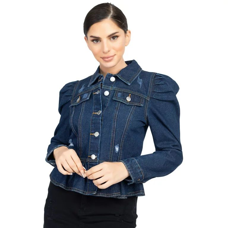 Fashion2Love Women's Juniors Premium Denim Peplum Bodice Long Puff Sleeve Jacket | Walmart (US)