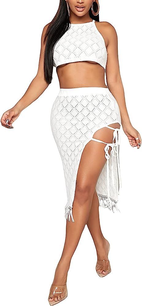 Verdusa Women's 2 Piece Outfits Crop Top and Knot Side Split Thigh Fringe Hem Skirt | Amazon (US)