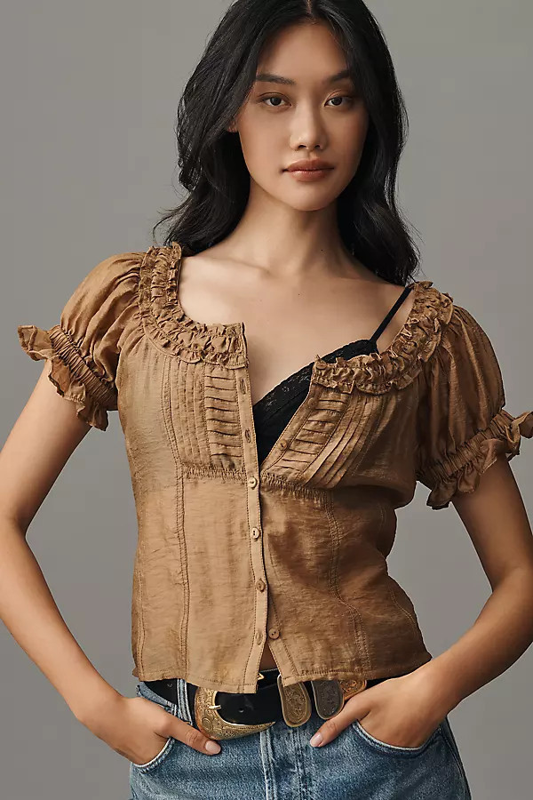 Short-Sleeve Sheer Silky Blouse | Anthropologie (US)