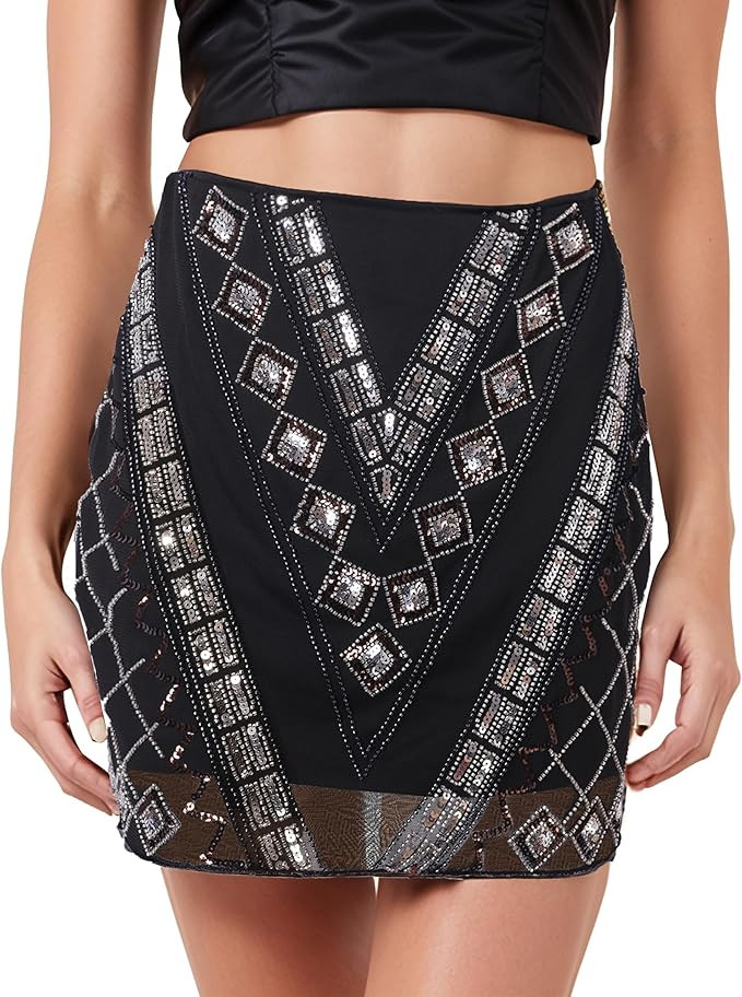 CROWN GUIDE Women's Sequin Mini Skort - Sparkly Beaded Bodycon Pencil Skirt Slit, Stretchy High W... | Amazon (US)