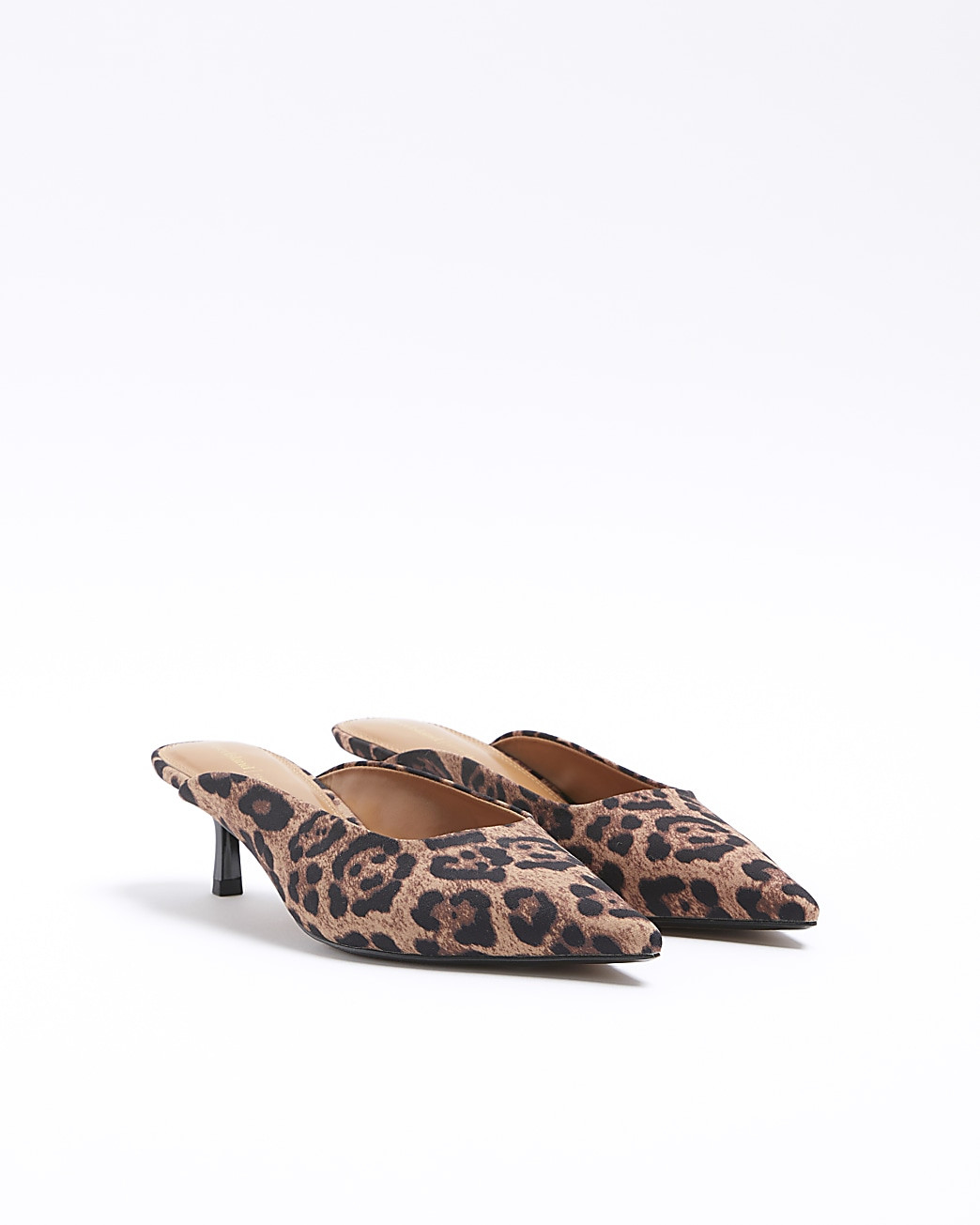 Brown leopard print kitten heeled mule shoes | River Island (UK & IE)