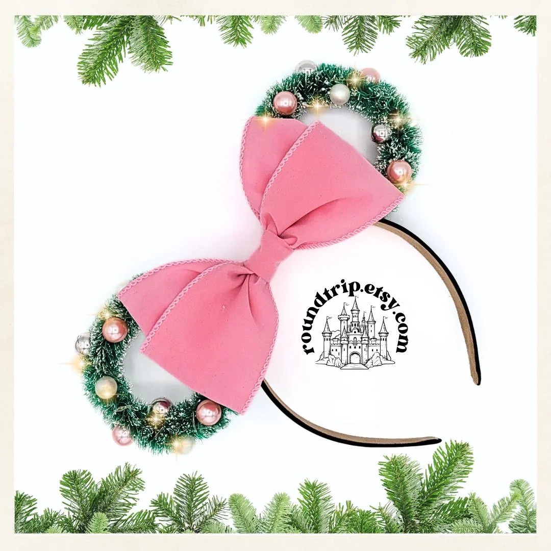 Soft Pink Flocked Christmas Wreath Mickey Ears Christmas Mickey Ears Chirstmas Mickey Headband Ho... | Etsy (US)