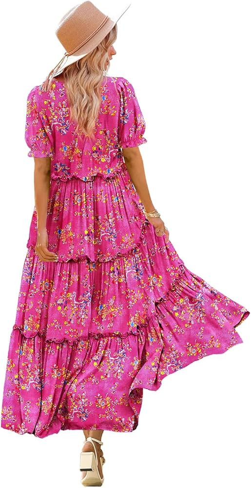 YESNO Summer Casual Bohemian Floral Dresses for Women Puff Short Sleeve Long Maxi Dress with Pock... | Amazon (US)