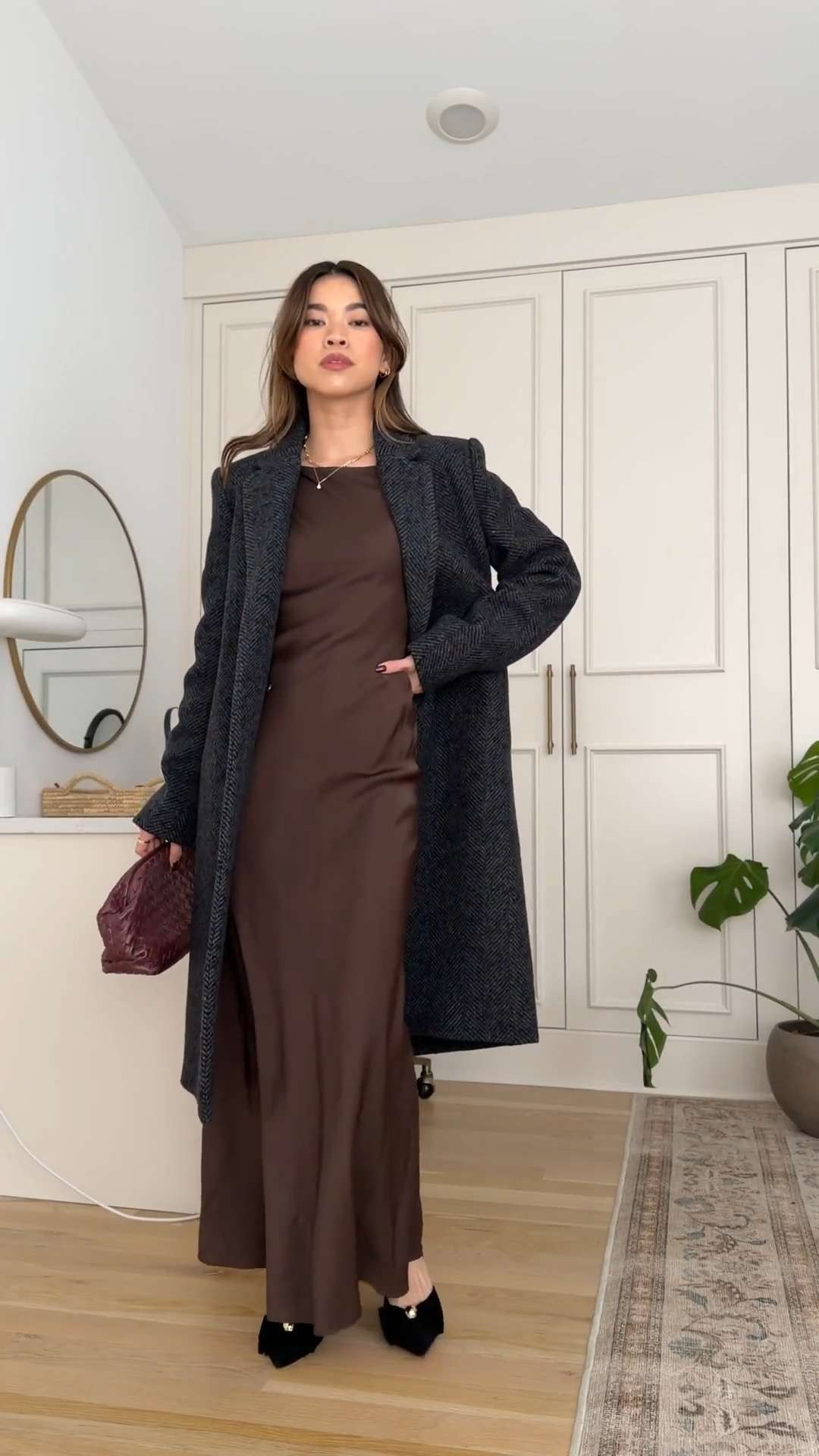 Sizing info: Dress XS in Hot Fudge, Coat XS in Herringbone Black Grey!  petite fashion, get dressed with me, outfit inspiration, ootd, nashville outfit, Nashville influencer, petite style, vacation style, casual outfits, mom style, winter dress, winter outfit, winter outfit inpso, winter outfit idea, winter style, cold weather outfit, winter bag, winter purse, clutch, jacket, winter jacket, winter coat, trench coat, wool coat, warm coat, silk dress 

 

#LTKHoliday #LTKSeasonal #LTKPetite