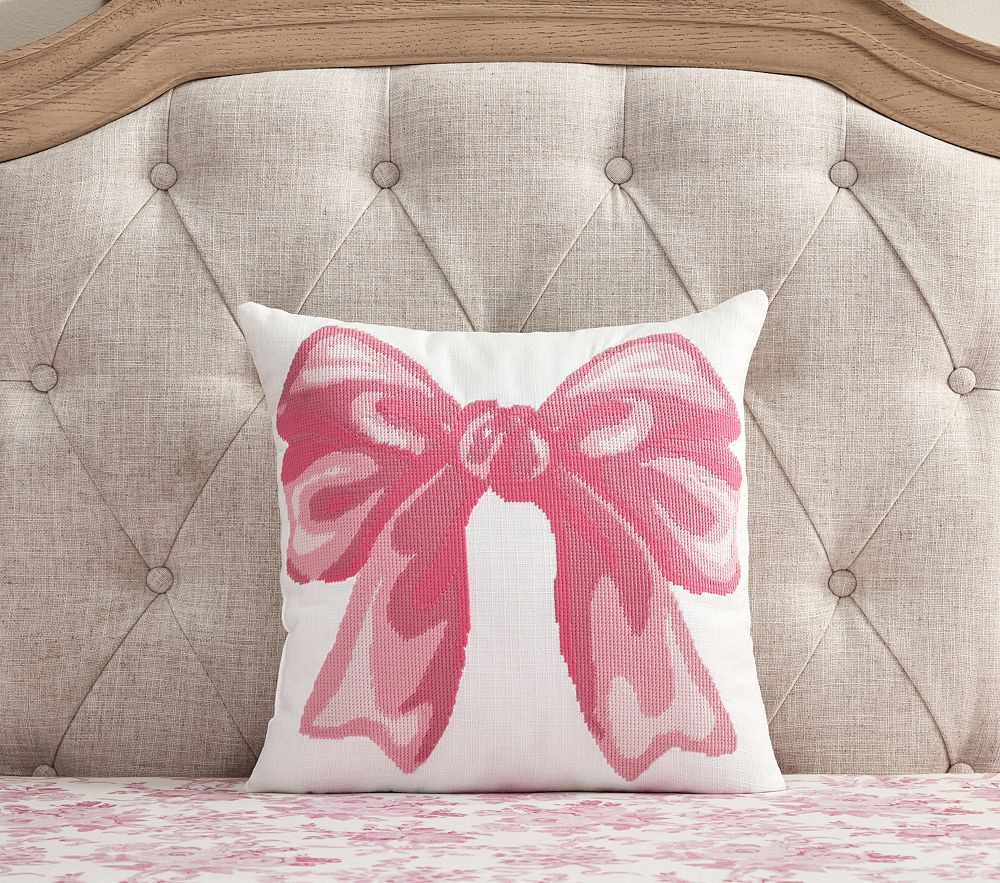 LoveShackFancy Needlepoint Bow Pillow , 18x18 Inches , Pink | Pottery Barn Kids