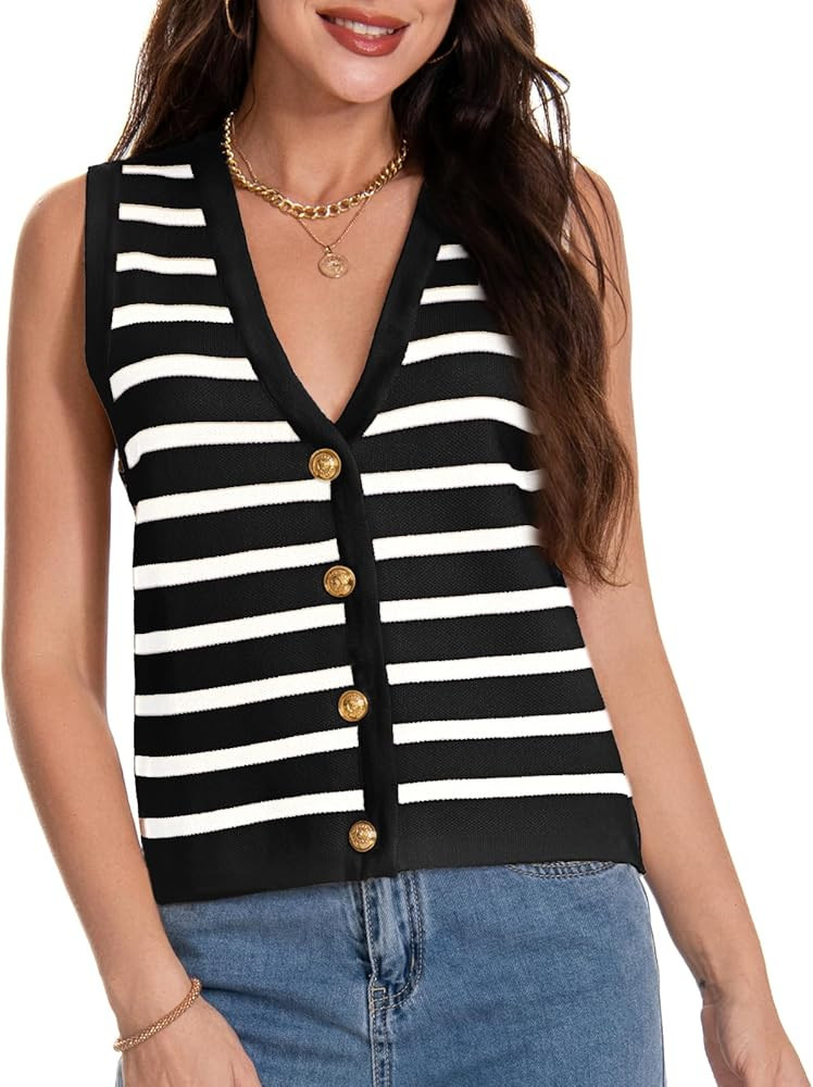Women's V Neck Sleeveless Button Up Cardigan Knit Sweater Vests Striped Tank Tops | Amazon (US)