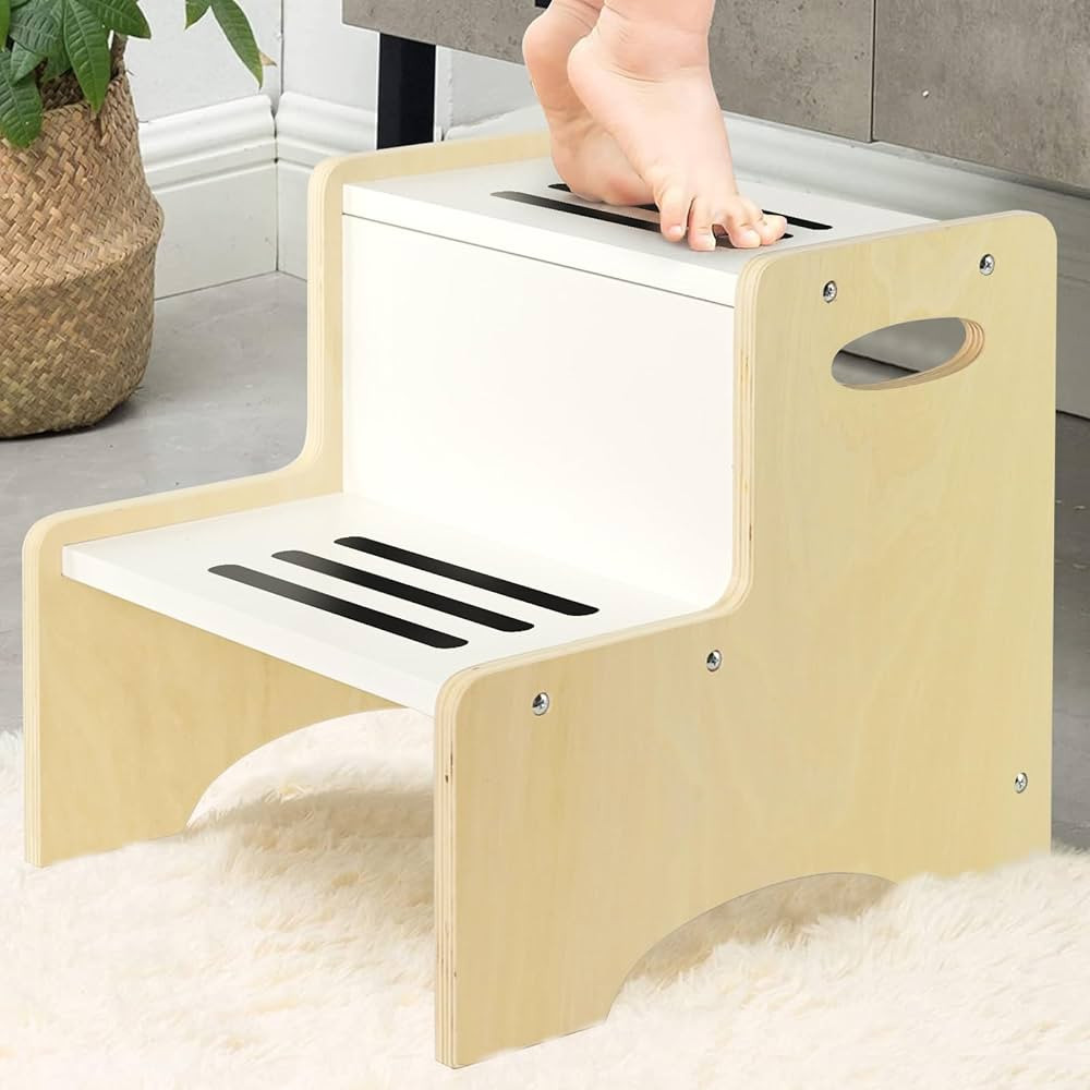 WOOD CITY Kids Step Stool for Toddler, Wooden Natural-White Patchwork Two Step Children's Stool w... | Amazon (US)