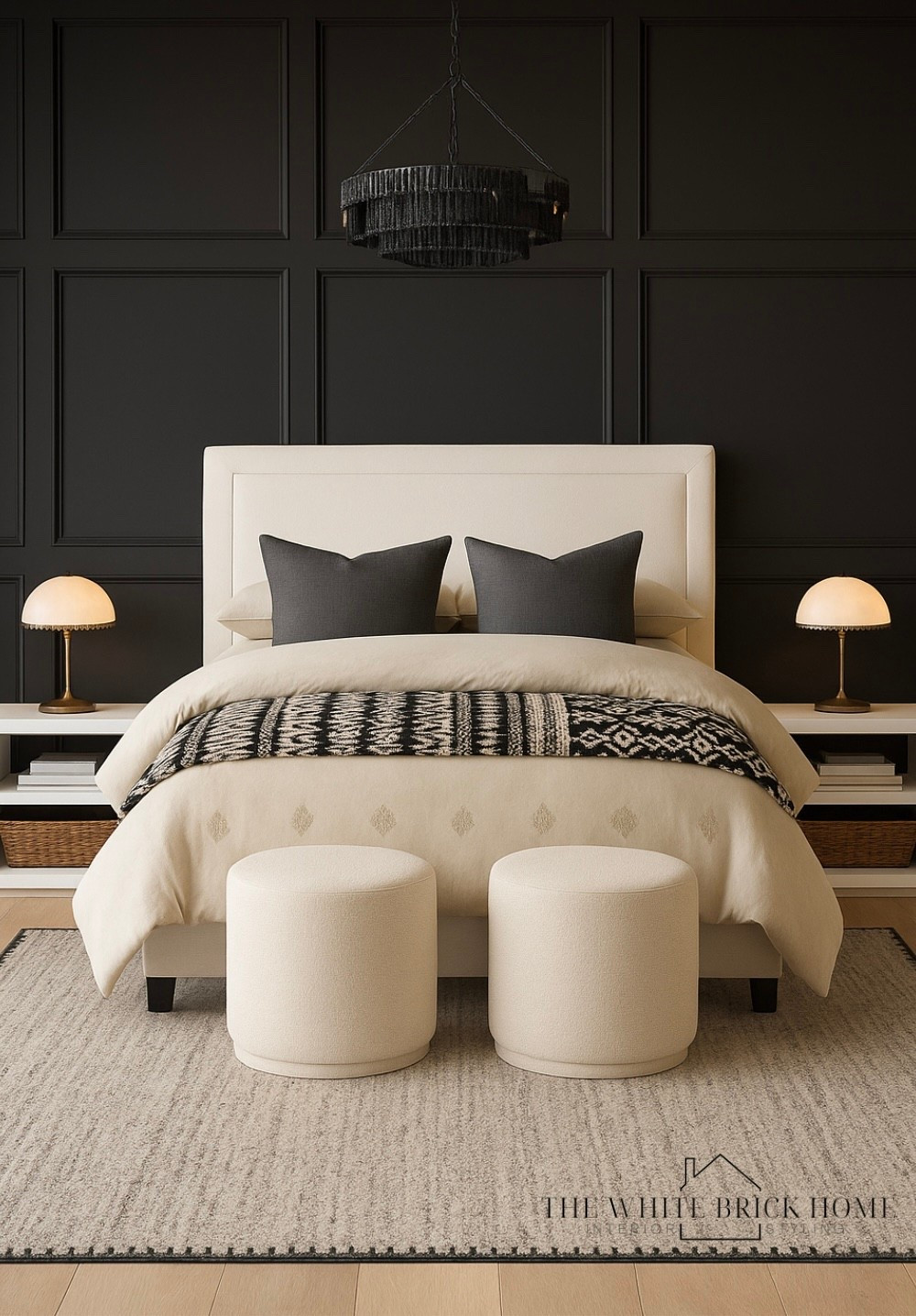 A black paneled wall instantly elevates this bedroom by adding depth, drama, and modern traditional sophistication, transforming this simple space into a polished retreat. 

Bed, bedroom, bedroom design, bedroom decor, bedroom furniture, bed, bedding, table lamp, bedside lamp, ottoman, bedding ideas, moody bedroom, ottoman, bedroom rug, Wayfair bedroom rug, nightstand, bedroom set, bedroom decor ideas, bedroom lighting, bedroom chandelier, bedroom design, moody bedroom design, bedroom design ideas, home decor, home design, bedroom, master bedroom, primary bedroom, guest bedroom, pottery barn bedroom, Wayfair, cb2 

#LTKSaleAlert #LTKSeasonal #LTKHome