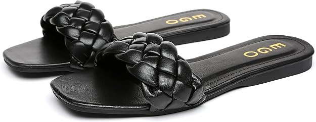 Womens Flat Slide Sandals,nude braided sandals for women,Square Open Toe Slippers Cute Slip On Su... | Amazon (US)