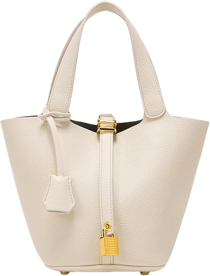 Genuine Leather Bucket Bag for Women, Large Capacity Soft Leather Tote Bag with Lock, Fashion Buc... | Amazon (US)